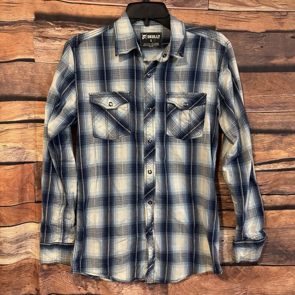 Skully Brand Plaid Shirt Mens Small S Blue White Western Pearl Snap Roll Tab